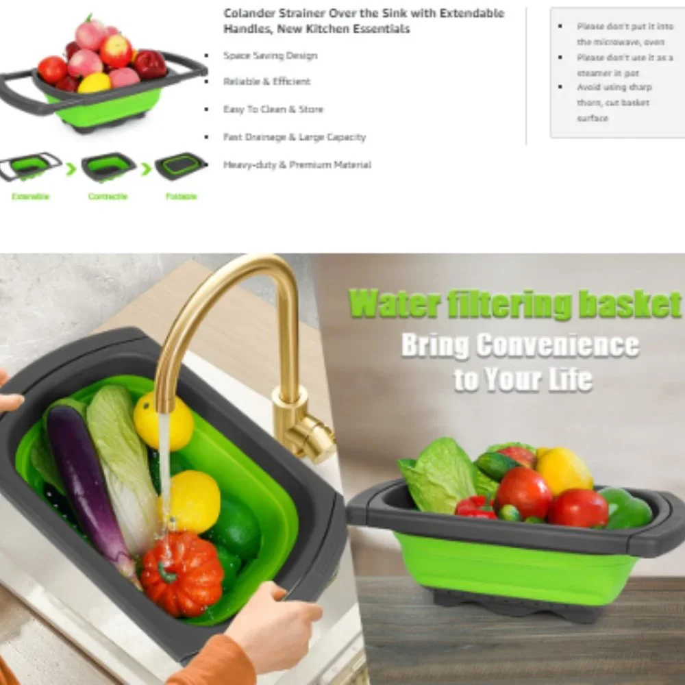 Collapsible Strainer w/ Extendable Handle Over The Sink - Silicone Colander 6Qt